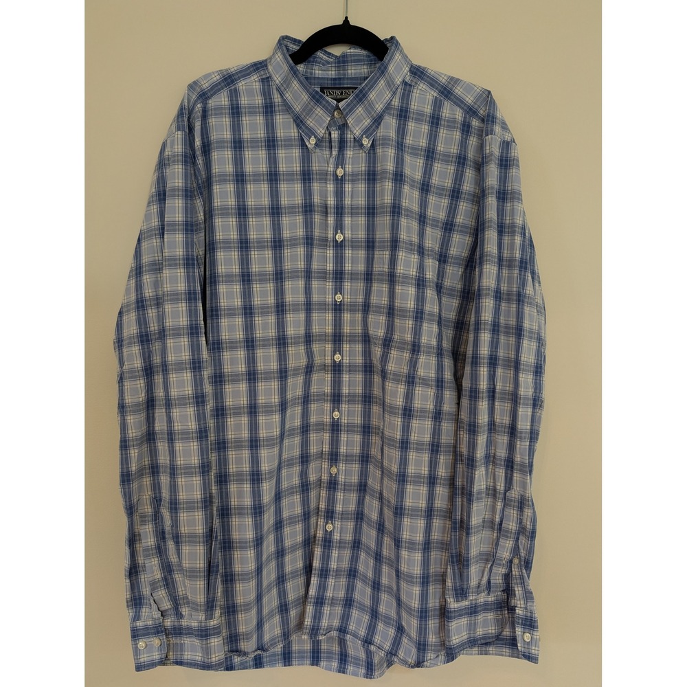 Lands End Mens XL Tall Blue‎ Plaid Button Down Shirt Long Sleeve Cotton 17-17.5
